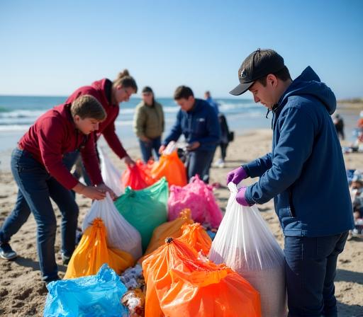 Volunteers filling bags with marine litter during a community beach clean-up event in Dublin