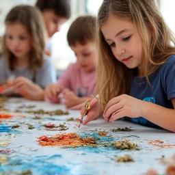 Children creating shoreline-inspired art during a coastal creativity workshop