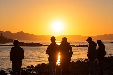 A guided coastal tour group exploring Dublin Bay with a marine ecologist at sunset